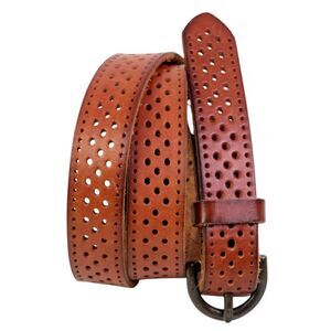 PERFORATED BROWN REAL LEATHER 7/8"Wd SKINNY CASUAL DRESS WOMEN'S BELT Sz XL (84T